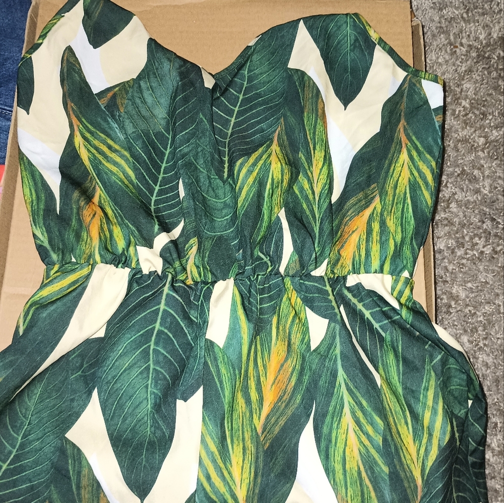 Tropical Leaf Spaghetti Strap Romper
